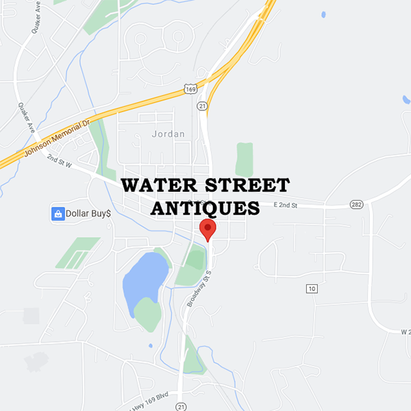 Water Street Antiques is located at the historic 240 Water Street in Jordan, Minnesota, just off of Highway 169.